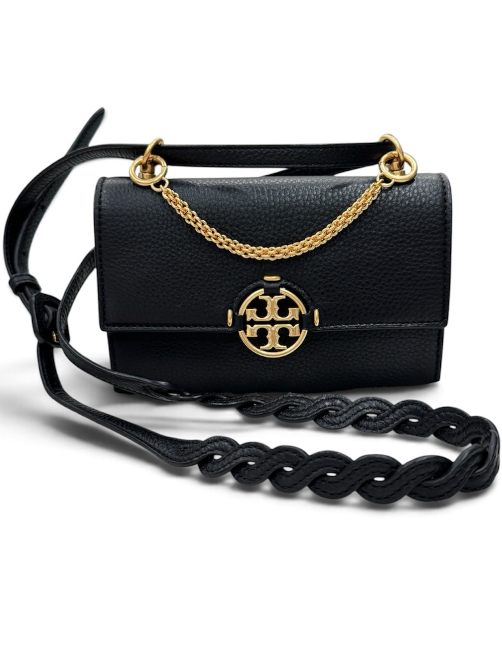 Tory Burch Black Pebbled Leather Crossbody with Gold Logo Chain